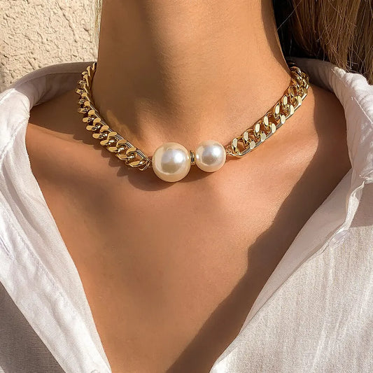 Vintage Punk Cuban Chains Necklaces Women Gothic Imitation-Pearl Pendant Necklace Chokers Fashion Accessories Jewellery