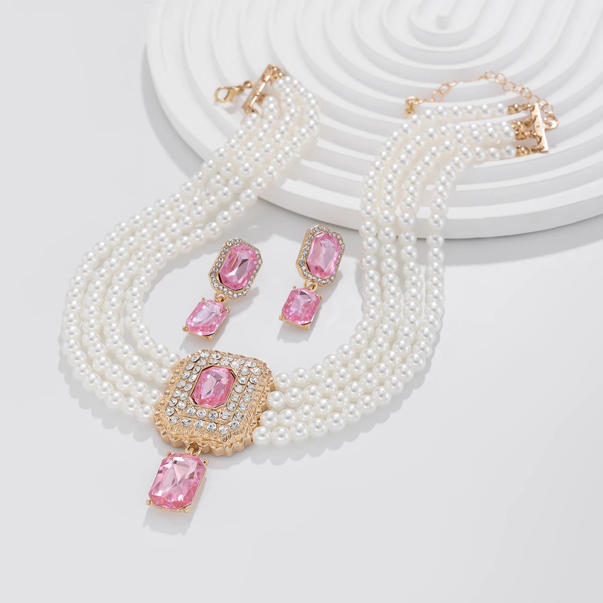 Luxury Multilayer Imitation Pearl Chain Necklace Rhinestone Pendant Stud Earrings for Women Elegant Wed Jewelry Set New