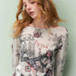 Women's Fantasy Print Long Sleeve Top, Sweet Girl Y2K Tshirt for Spring Summer Casual Wear, Festival & Party Outfit