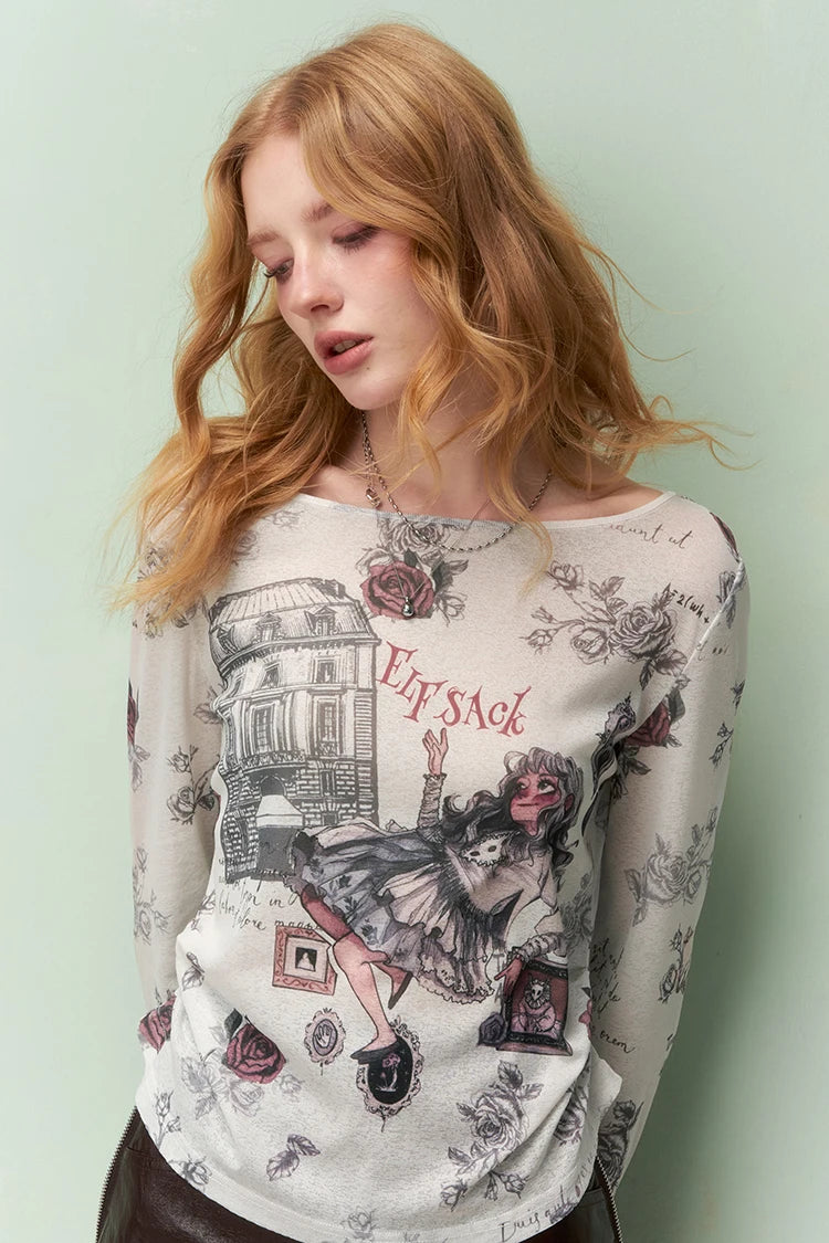 Women's Fantasy Print Long Sleeve Top, Sweet Girl Y2K Tshirt for Spring Summer Casual Wear, Festival & Party Outfit