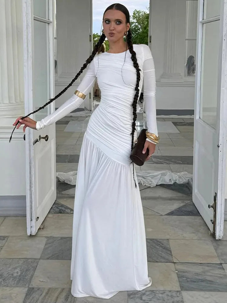 Autumn Long Sleeve Ruched Sexy Maxi Dress For Women Fashion Elegant Solid Bodycon Club Party Long Dresses Female 2025