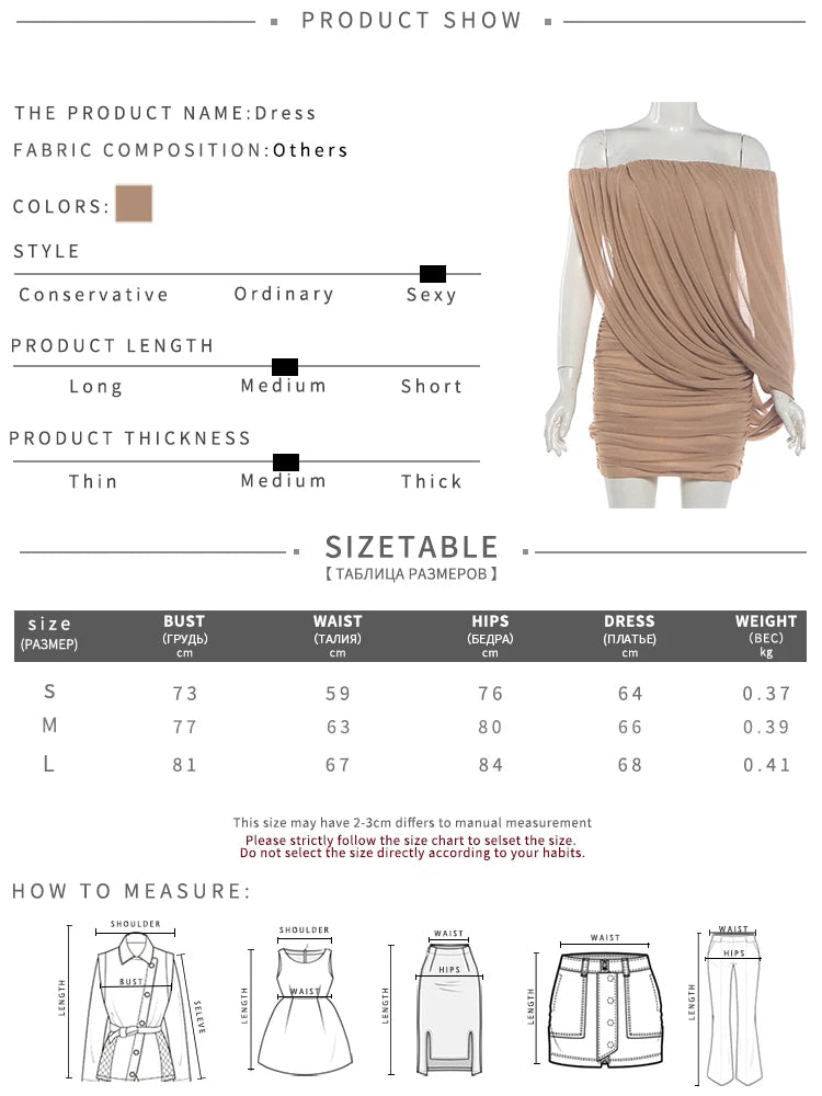 Folds Dress Women Off-Shoulder Mesh Irregular Solid Elasticity Elegant Dinner Party Summer Fashion Chic Mini Bodycon