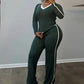 Sporty Simple Contrast Patchwork 2 Piece Set Woman V-Neck Full Sleeve Tops+Skinny Long Pants Casual Style Classic Outfits