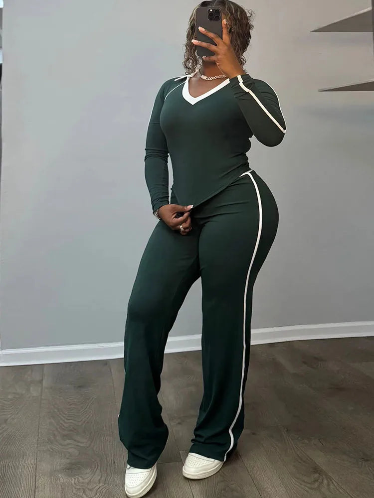 Sporty Simple Contrast Patchwork 2 Piece Set Woman V-Neck Full Sleeve Tops+Skinny Long Pants Casual Style Classic Outfits