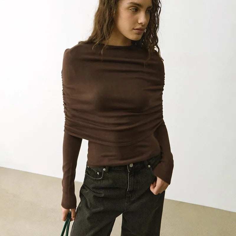 Ruched Overlay Long Sleeve Tops High Quality 2026 Fall T Shirts Woman Clothing