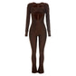 Hollow Satin Jumpsuit+Bra Tops Women Trend Simple O-Neck Full Sleeve Back Zip Patchwork Stretch Fashion Streetwear