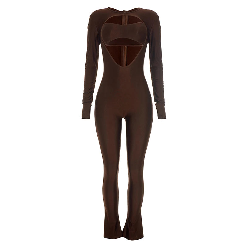 Hollow Satin Jumpsuit+Bra Tops Women Trend Simple O-Neck Full Sleeve Back Zip Patchwork Stretch Fashion Streetwear