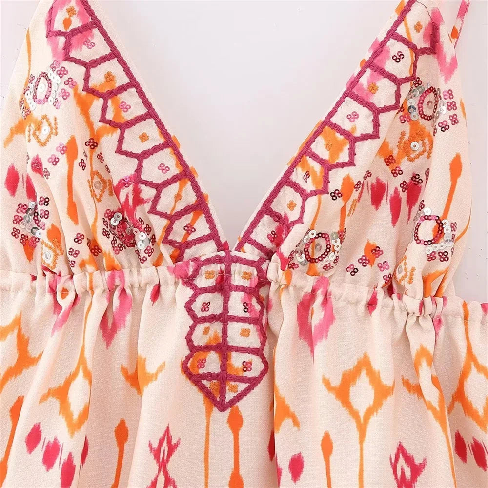 Boho Beach Floral Print Embroidery Camis for Women Tops Casual Deep V Neck Sleeveless Backless Tassel Strap Top Summer