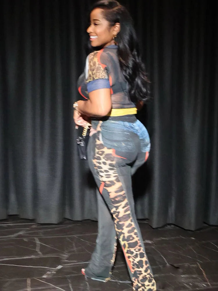 Sexy Women 2 Piece Set See Through Leopard Print Shorts Sleeve Crop Tops+Flare Pants Matching Clubwear Skinny Outfits