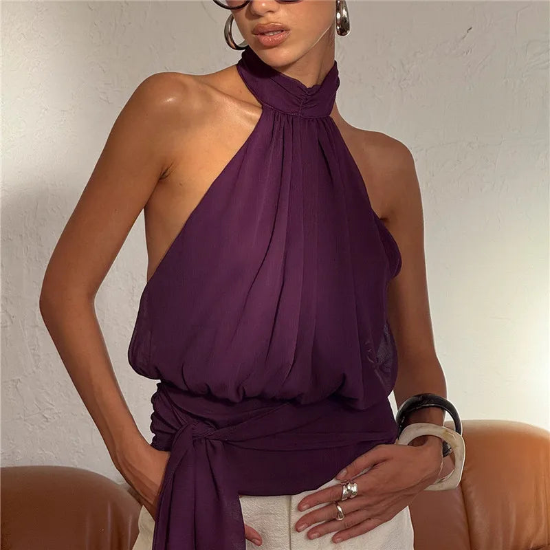 Elegant Plum Purple Halter Top Women Open Back Sleeveless Blouse Tie Waist Flowy Top For Office Commute And Casual Wear