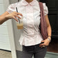 Women Elegant Peter Pan Collar Shirt Puff Short Sleeve Double Breasted Blouse Slim Peplum Hem Casual Office Ladies Tops