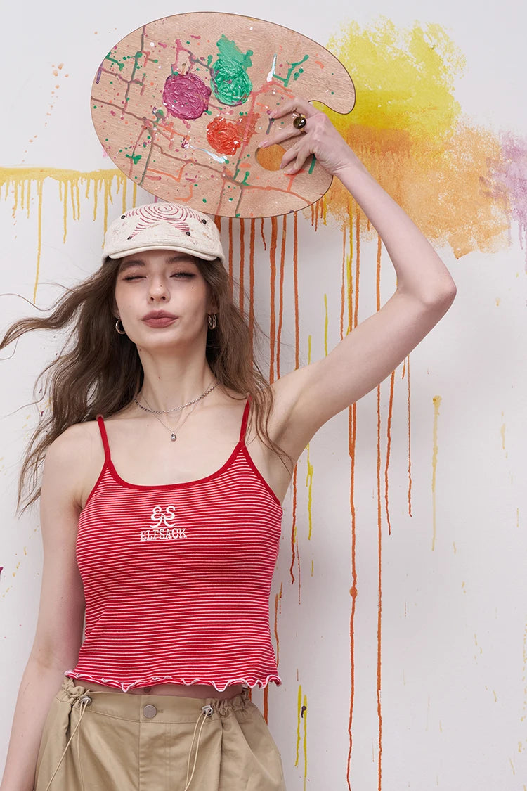 Red White Striped Knit Cami Top, Beaded Detail Summer Vest, Casual Preppy Sleeveless Cami for Women