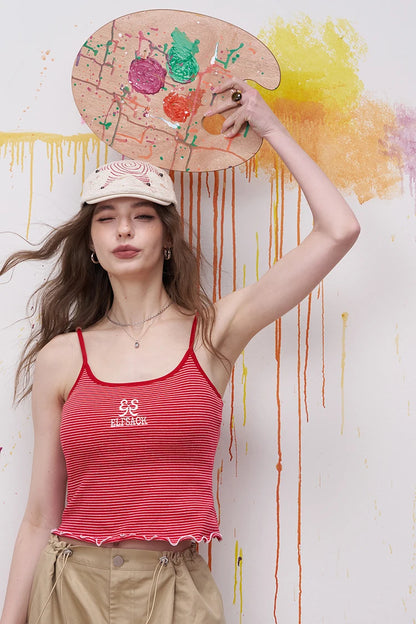 Red White Striped Knit Cami Top, Beaded Detail Summer Vest, Casual Preppy Sleeveless Cami for Women