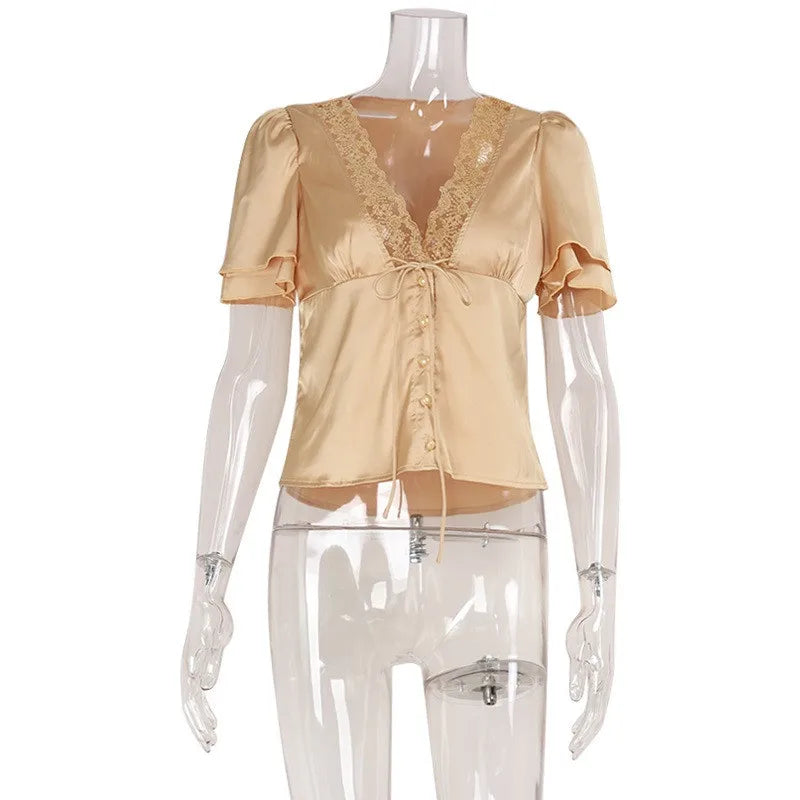 Women's Y2K Satin Lace Trim Blouse V Neck Tie Front Puff Short Sleeve Button Down Fitted Waist Streetwear Summer Top