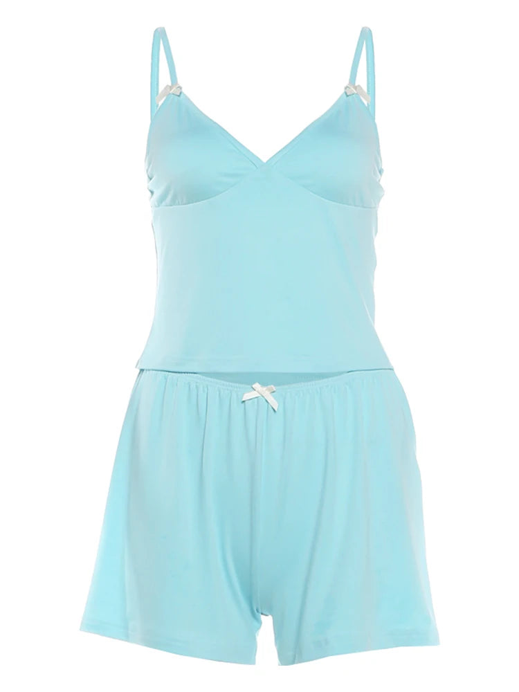 Sporty Streetwear Women Trend Simple 2-Piece Set Trend Fashion Bow Appliques Low Chest Camisole+Shorts Hottie Suits