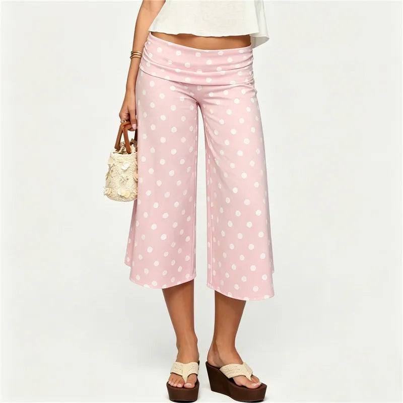 Fold Over High Waist Polka Dot Wide Leg Culottes Women Casual Loose Cropped Pants Elastic Waist Summer Beach Trousers