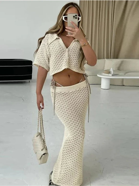 Crochet Elegant 2 Piece Set Women Cardigan Single Breasted Short Sleeved Jacket+Simple Stretch Solid Long skirts Suit