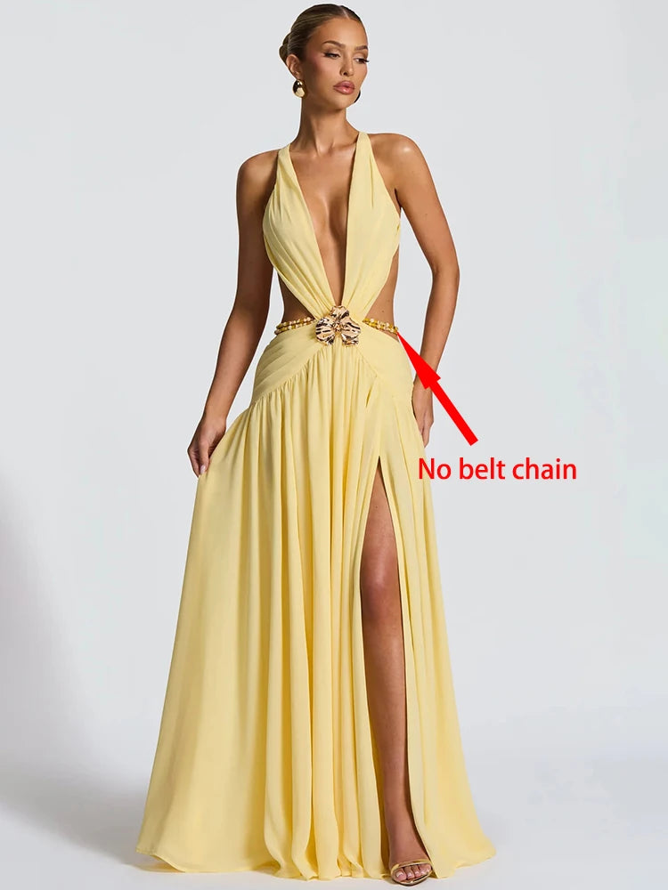Hollow Out Deep V Neck Sexy Maxi Dress Women Gown Metal Buckle Sleeveless Backless Thigh High Split Club Party Dresses