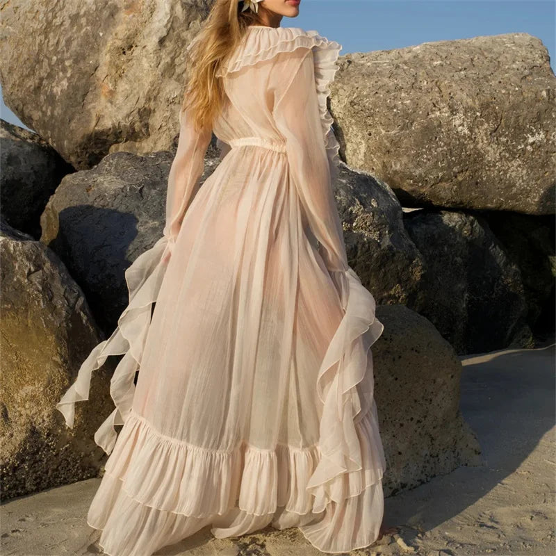 Women Sheer Chiffon Ruffle Trim Long Sleeve Maxi Cover Up Dress Tie Waist Flowy Kimono Robe for Beach Vacation