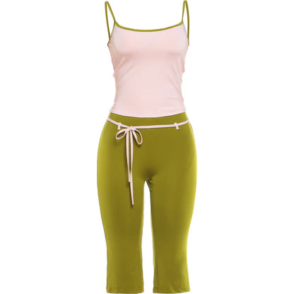 Summer Trend 2 Piece Set Women Sweet Hottie Low-Neck Line-Patchwork Tank Top+Bandages Bow Capri Pants Simple Street Suits