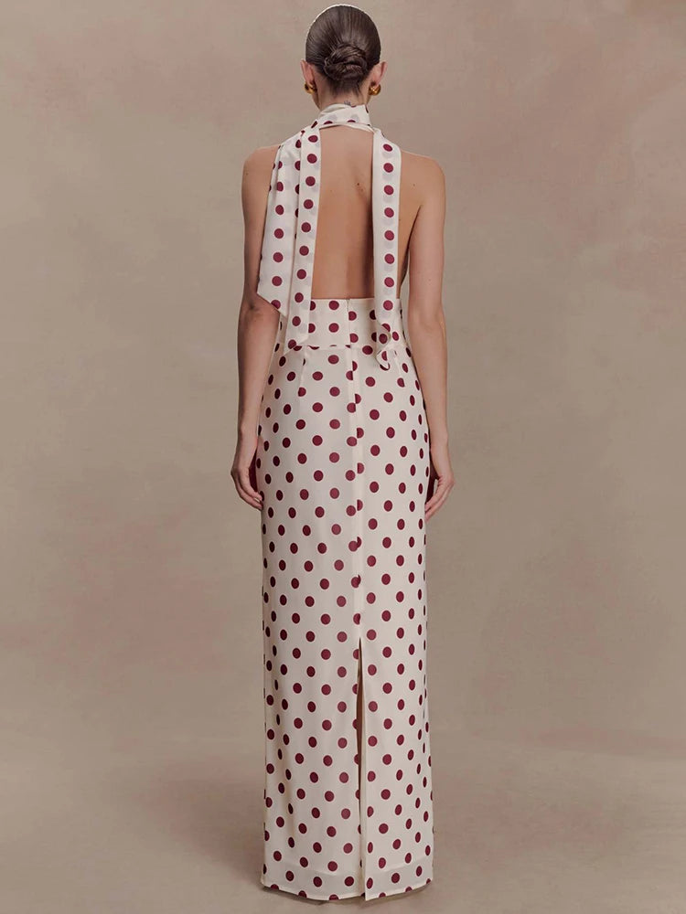 Polka Dot Backless Sexy Maxi Dress Women Elegant Halter Deep V Neck Sleeveless Bodycon Split Club Party Long Dress