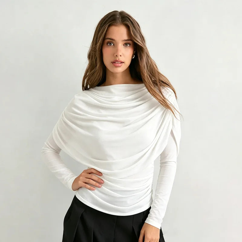 Elegant Draping Mesh Long Sleeve Tops for Woman Clothing Casual Solid Color Fitted T Shirts Fall 2026