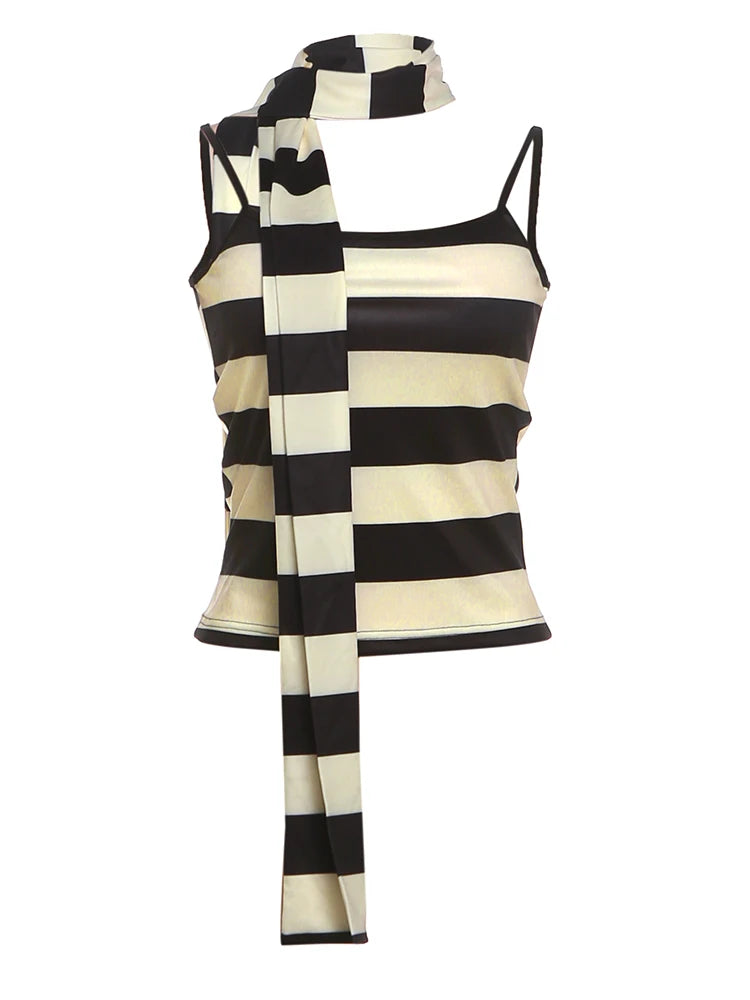 Stripe Print Camisole+Scarf Women Low-Neck Backless Skinny Stretch Summer High Street Casual Style Classic Tank Tops