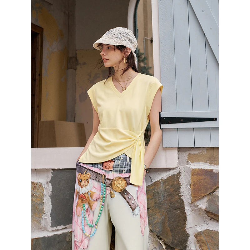 Solid Wrap T-Shirt, Side Knot V-Neck Top, Casual Cap Sleeve Cropped Tee for Women