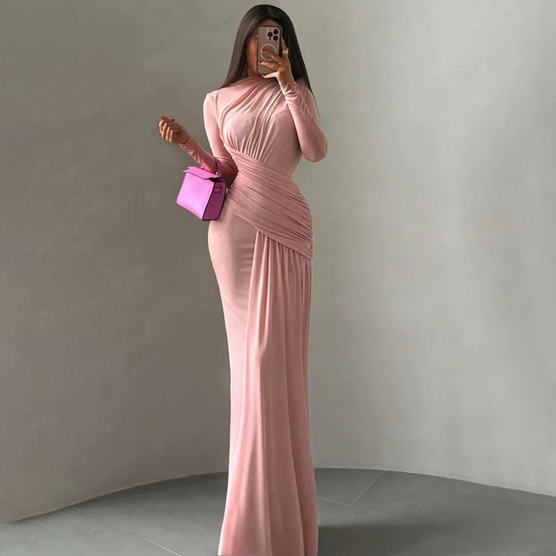 Long Sleeve Pleated Maxi Dress Elegant Woman Clothing Evening Wear Party Dresses Fall Winter