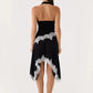 Halter Backless Sexy Midi Dress Women Fashion Elegant Lace Irregular Hem Ruched Waist Sleeveless Club Party Dress