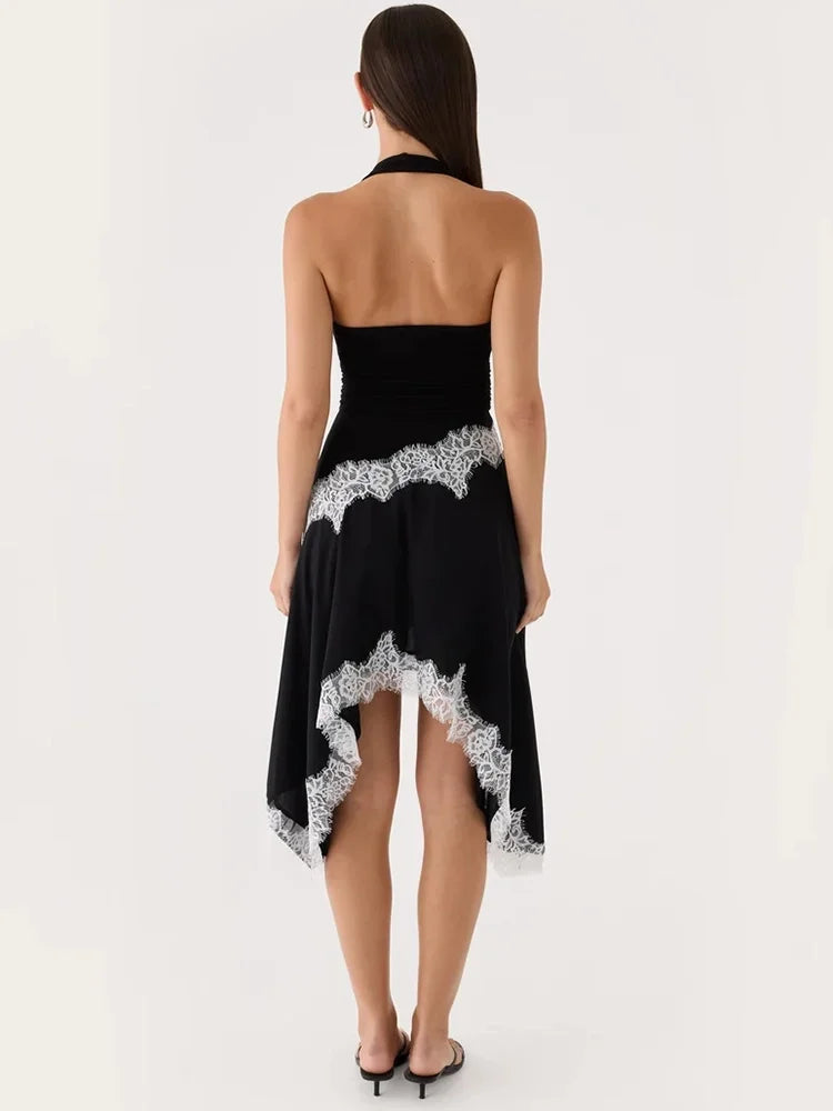 Halter Backless Sexy Midi Dress Women Fashion Elegant Lace Irregular Hem Ruched Waist Sleeveless Club Party Dress