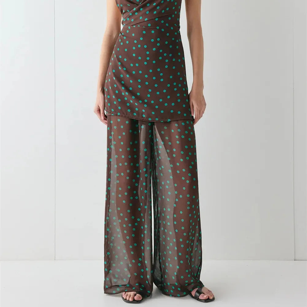 Women See Through Mesh Pants Y2K Dot Print Elastic Waist Wide Leg Loose Fit Trousers Bikini Cover up Sheer Beach Bottoms