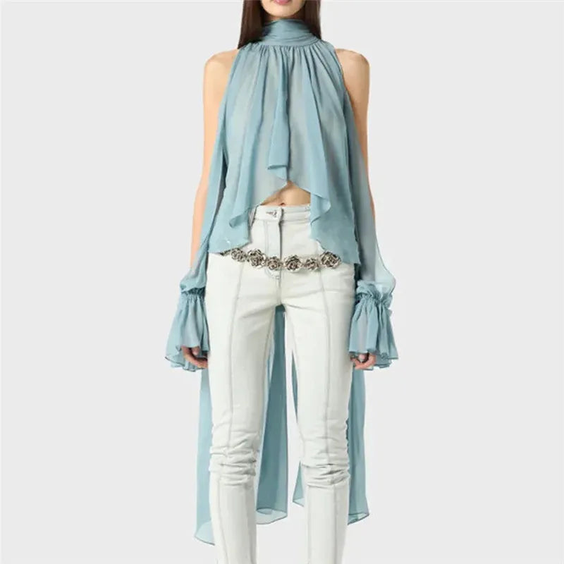 Chic Halter Neck Chiffon Blouse for Women Tie Back Asymmetrical Hem Flare Sleeve Sheer Mesh Top Casual Summer Party Club