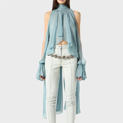 Chic Halter Neck Chiffon Blouse for Women Tie Back Asymmetrical Hem Flare Sleeve Sheer Mesh Top Casual Summer Party Club