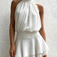 Elegant Halter Neck Mini Dress Backless Pleated High Waist Layered Ruffle Hem Solid Color Short Dress Party Club Outfit