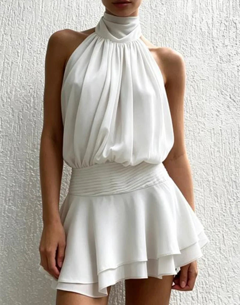 Elegant Halter Neck Mini Dress Backless Pleated High Waist Layered Ruffle Hem Solid Color Short Dress Party Club Outfit