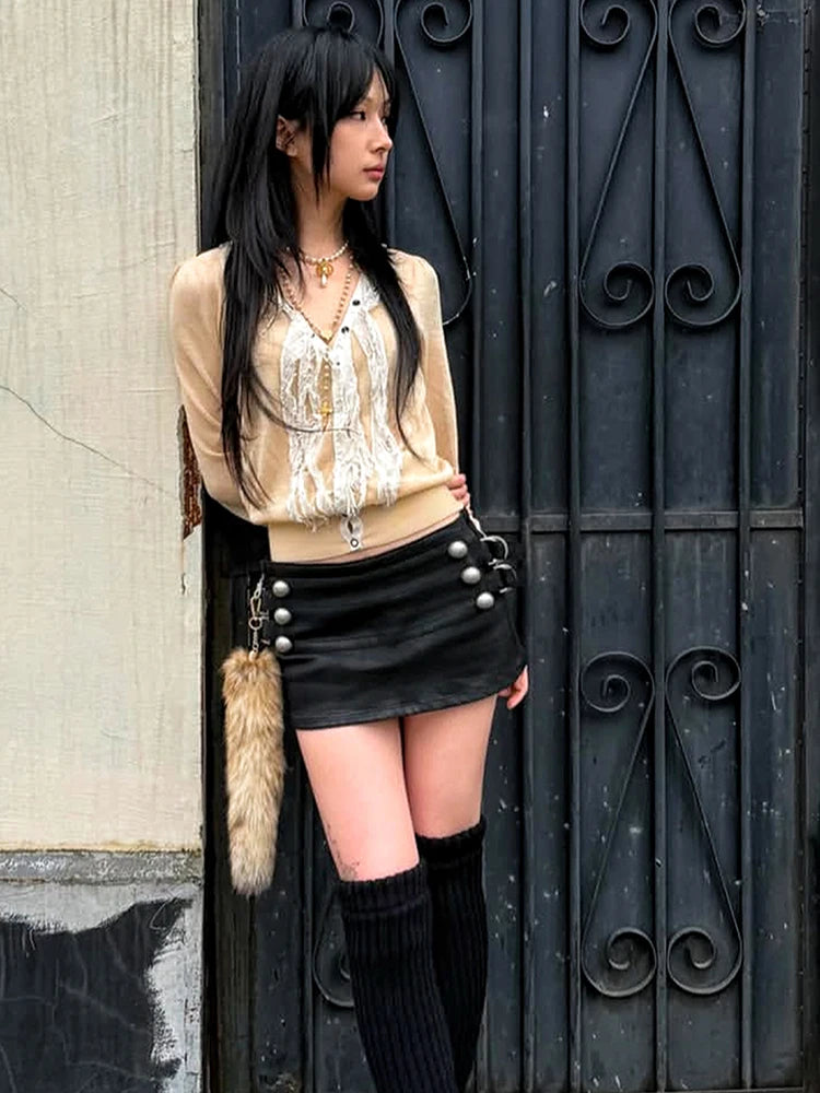 Metal Ring Skirt Women Double-Breasted Tie-Dye Print Folds Sexy Midnight Summer Fashion Music Festival Streetwear