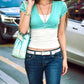 Dopamine Style t-Shirt Women Button Deep v-Neck Puff Sleeve Sexy High Street Hottie Simple Classic Casual Clubwear