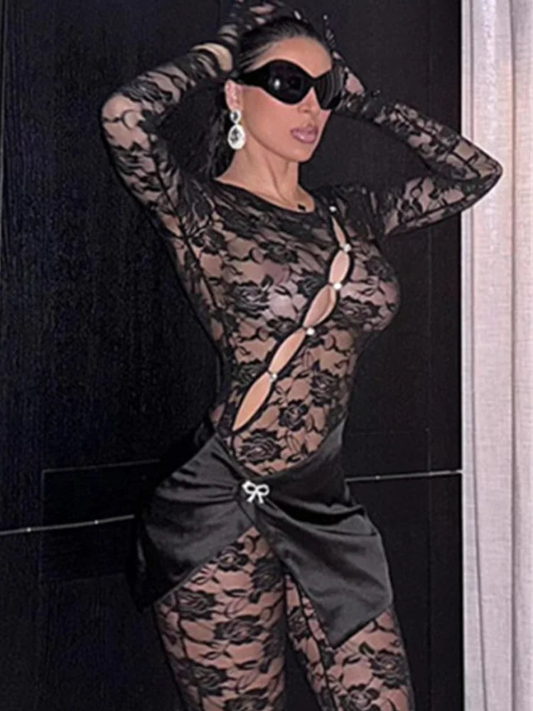 Lace Hollow Button Jumpsuits Women Long Sleeve Gloves Bow Metal Trim Button See Through Midnight Sexy Skinny Overalls