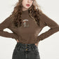 Women's Casual Graphic Long Sleeve Top with Cartoon Print, Cozy White Tee for Everyday Wear