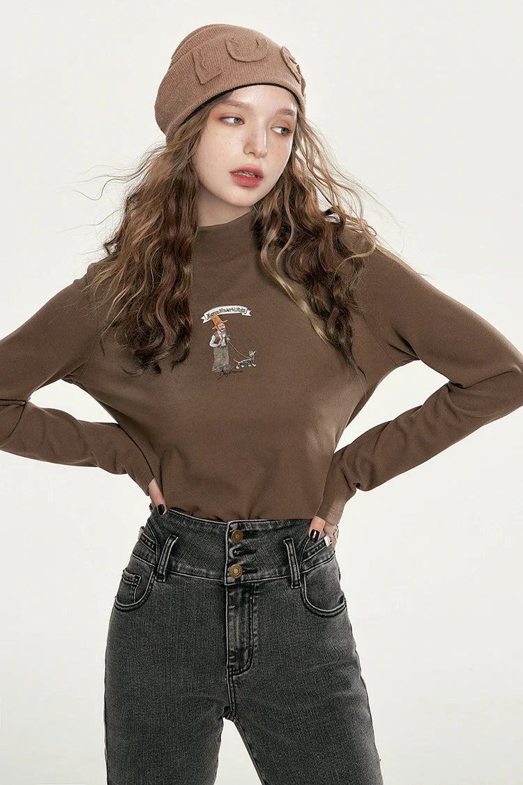 Women's Casual Graphic Long Sleeve Top with Cartoon Print, Cozy White Tee for Everyday Wear