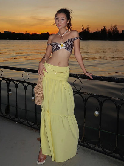 Flower 2 Piece Set Women Sexy Backless Leopard Print Slash Neck Tops+Pleated Long Skirts Matching Clubwear Outfits