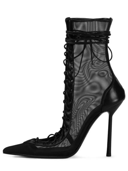 2026Spring/Summer New Lace Up Short Cool Boots Side Zipper Banquet Slimming High Heels Sexy Knee Length Women's Boots