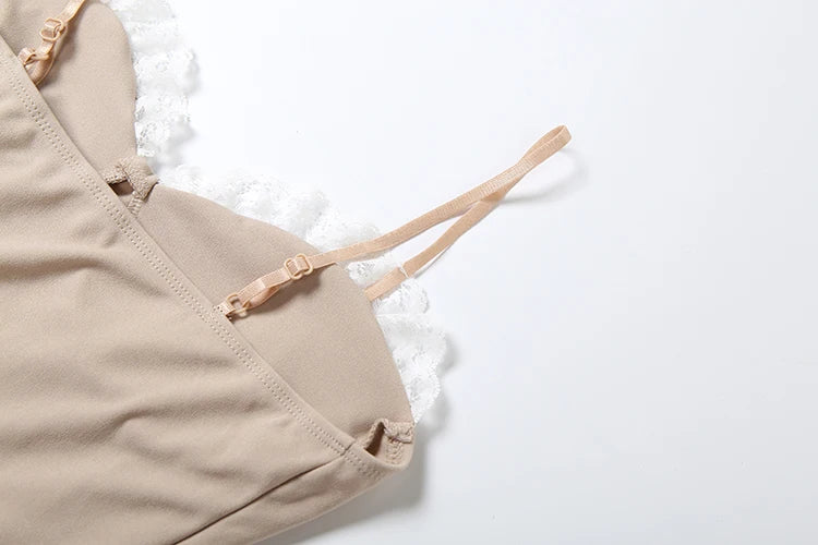 Patchwork Lace Camisole Women Fungus Edge Irregular Hem Tassel Folds Skinny Backless Low-Neck Summer Sexy Classic Tops