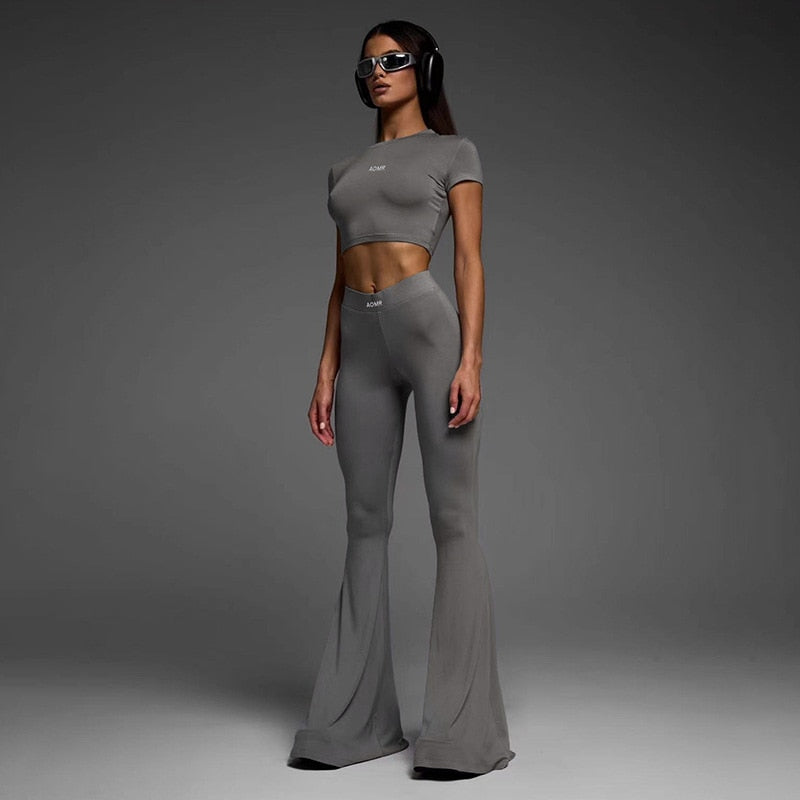 Basic Casual 2 Piece Sets Womens Outfits Top and Leggings Grey Flare Pants Matching Sets Fitness Y2k Clothing