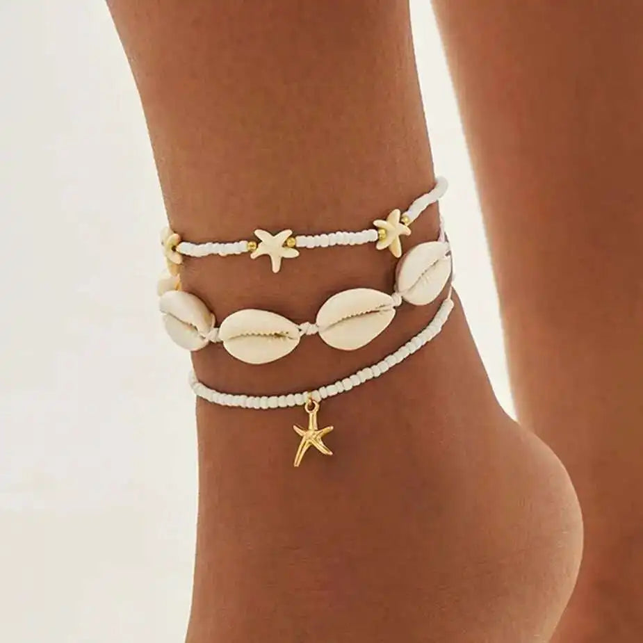 3Pcs/Set Bohemia Conch CCB Rice Beads Anklets for Women 2025 Summer Beach Vacation Foot Chains Jewelry Accessories Gift