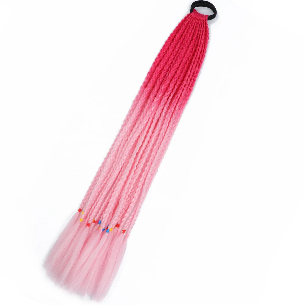 Synthetic 24inch Girls Colored Box Braided Ponytail With Elastic Rubber Band Hair Extensions Rainbow Color Box Pigtail Hairpiece