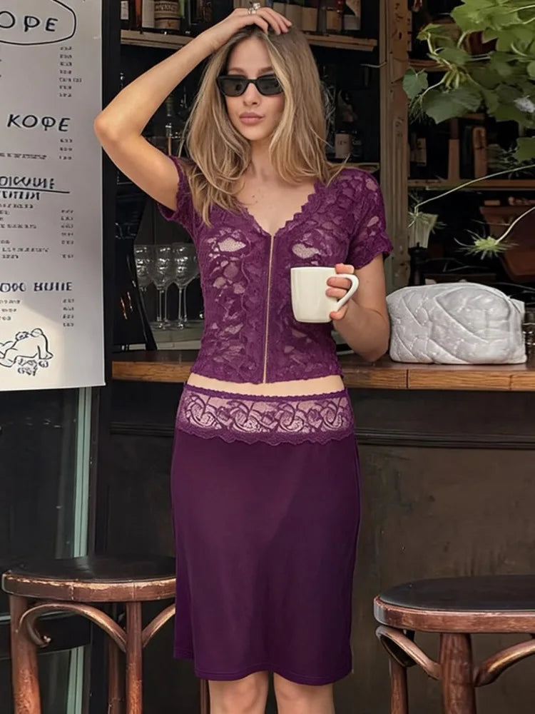 Women 2 Piece Set Lace Short Sleeve Crop Top Midi Skirt Set V Neck Bodycon Skirt Suit Evening Club Party Matching Sets