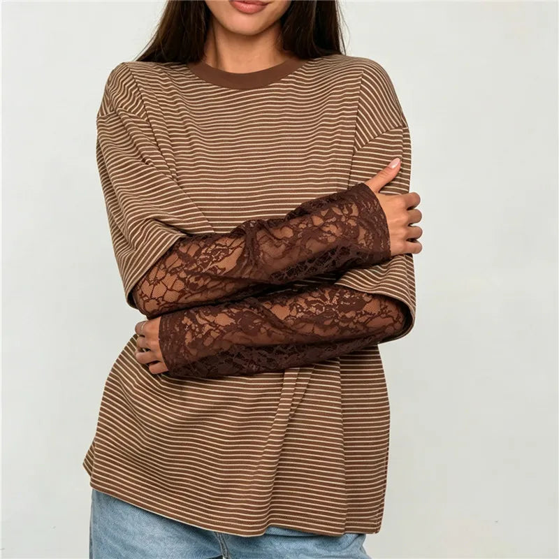 Women Fake Two Piece Striped T Shirt Oversized Short Sleeve Top Sheer Floral Lace Flare Long Sleeve Underlayer Loose Tee
