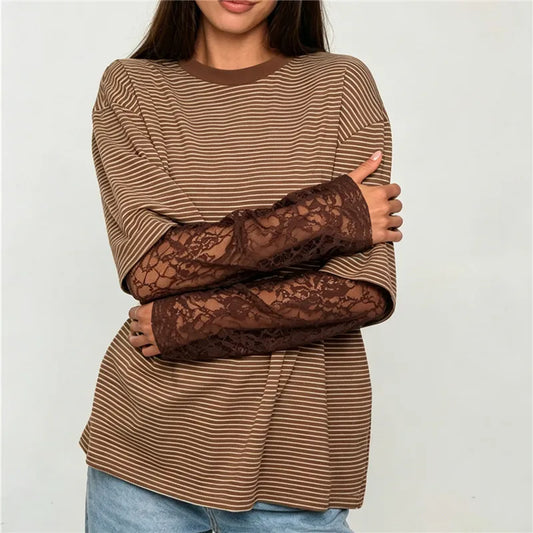 Women Fake Two Piece Striped T Shirt Oversized Short Sleeve Top Sheer Floral Lace Flare Long Sleeve Underlayer Loose Tee